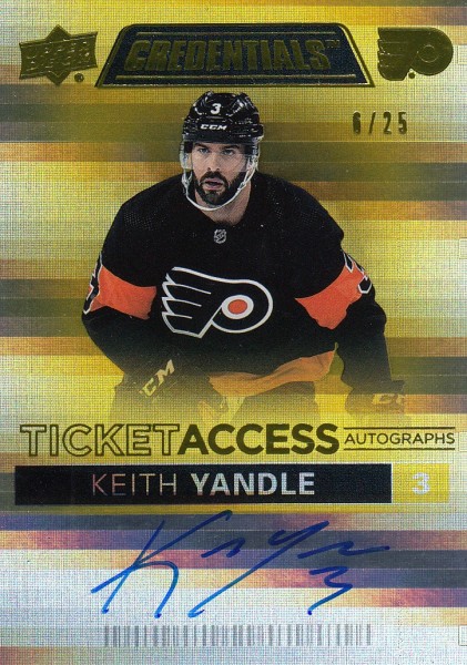 AUTO karta KEITH YANDLE 21-22 Credentials Debut Ticket Access Yellow /25